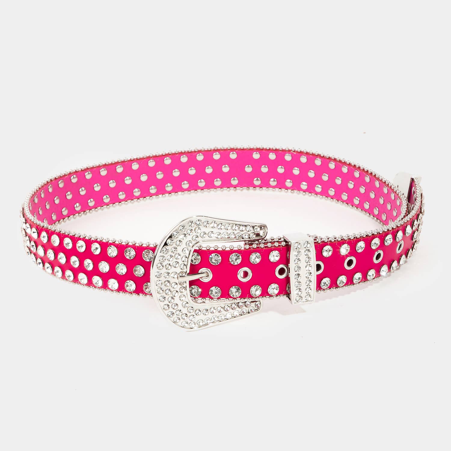 Rhinestone Trim Studded Faux Leather Belt: WH