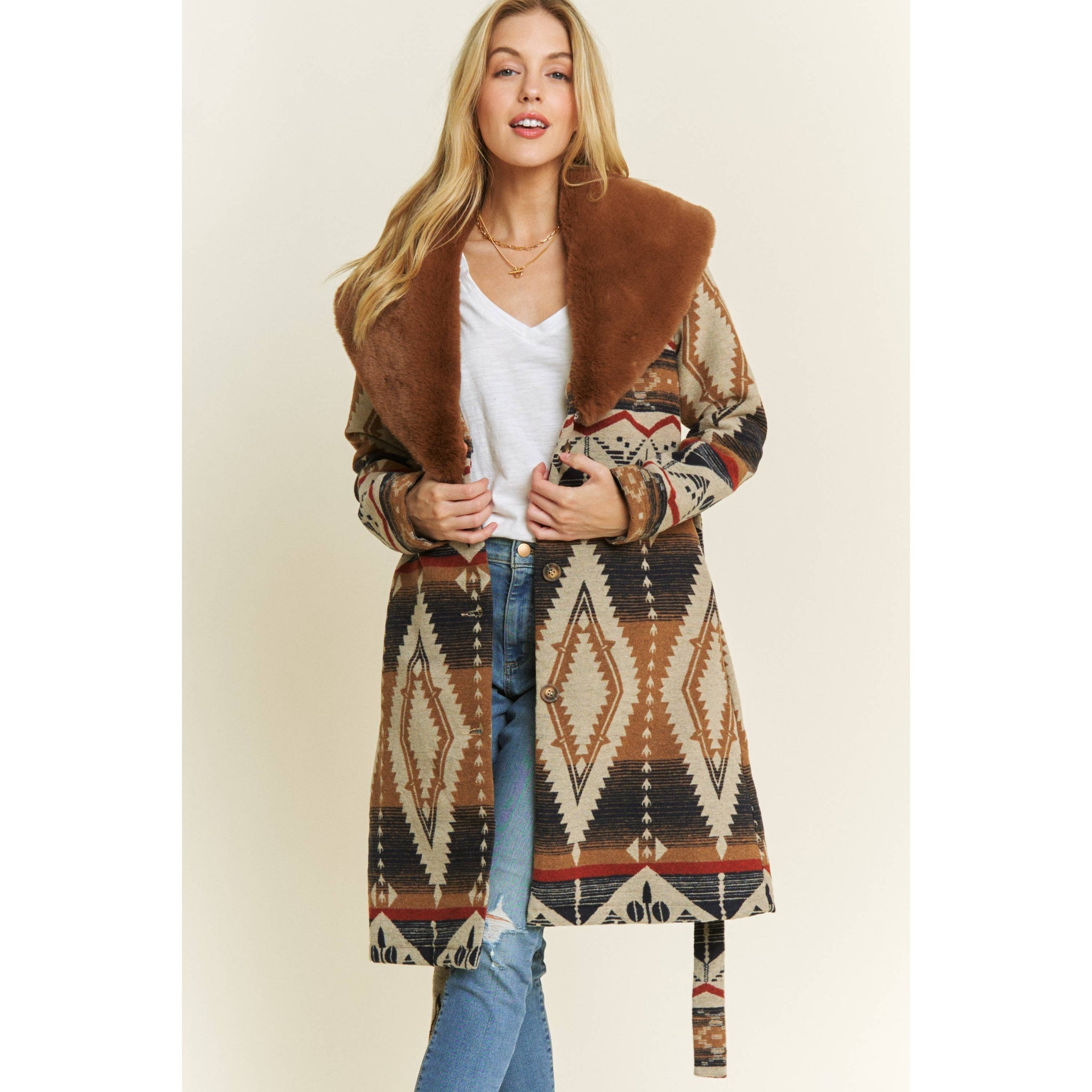 AZTEC JACKET SHACKET WITH CONTRAST FUR SHOWL COLLAR: Navy