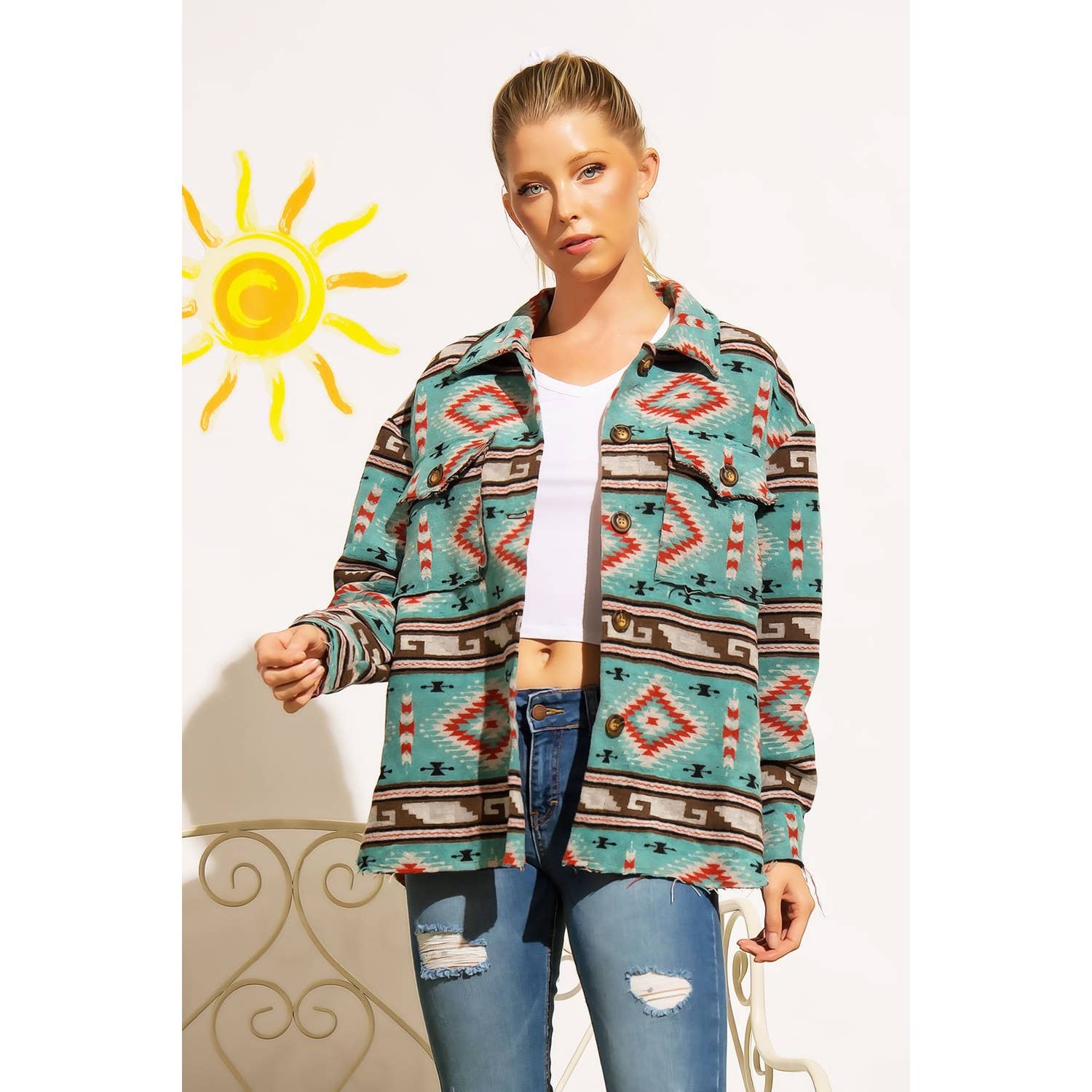 TRIBAL AZTEC PATTERN BUTTON DOWN SHIRT JACKET: Teal