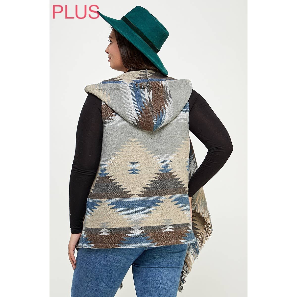 PLUS AZTEC FRINGE HOODIE VEST