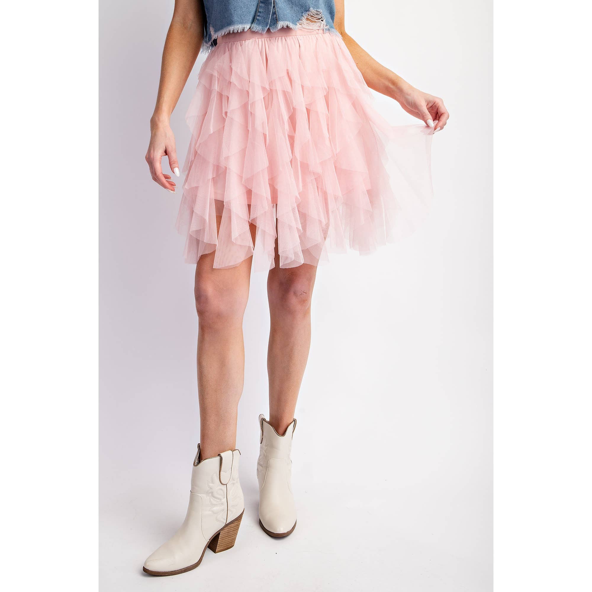 CASCADING TULLE MESH LAYERED MINI SKIRT: