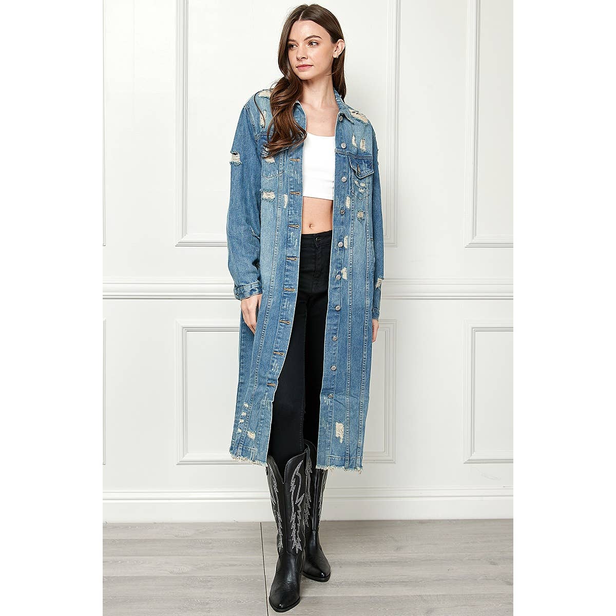 Distressed Long Denim Jacket: Med Wash