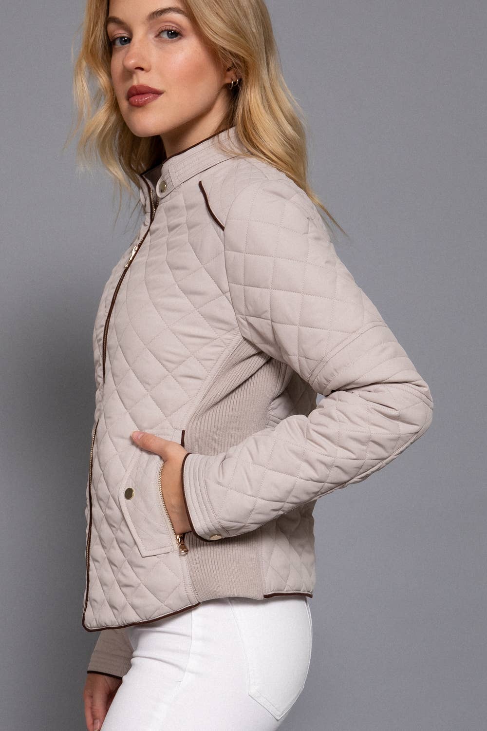 Suede Piping Detail Rib Quilted Padding Jacket