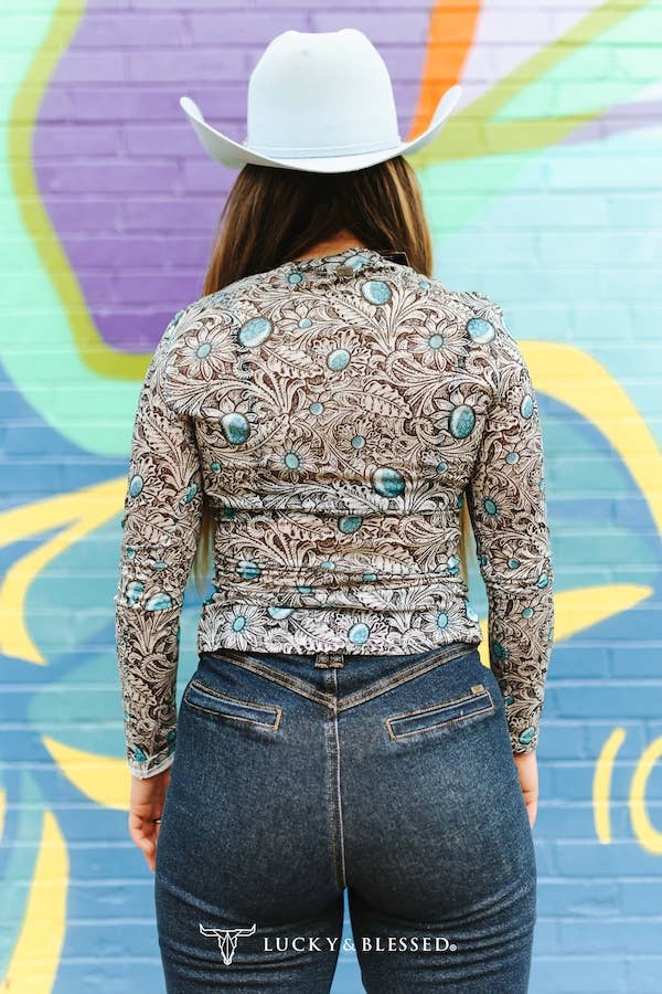 Ivory Tooled Turquoise Stone Printed Long Sleeve Mesh Tops: