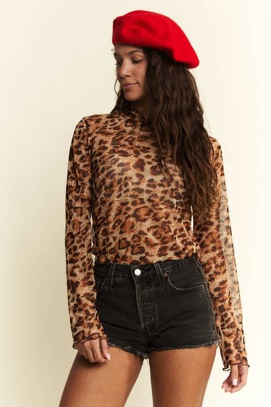 ANIMAL PRINT MESH MOCK NECK TOP: MOCHA BROWN