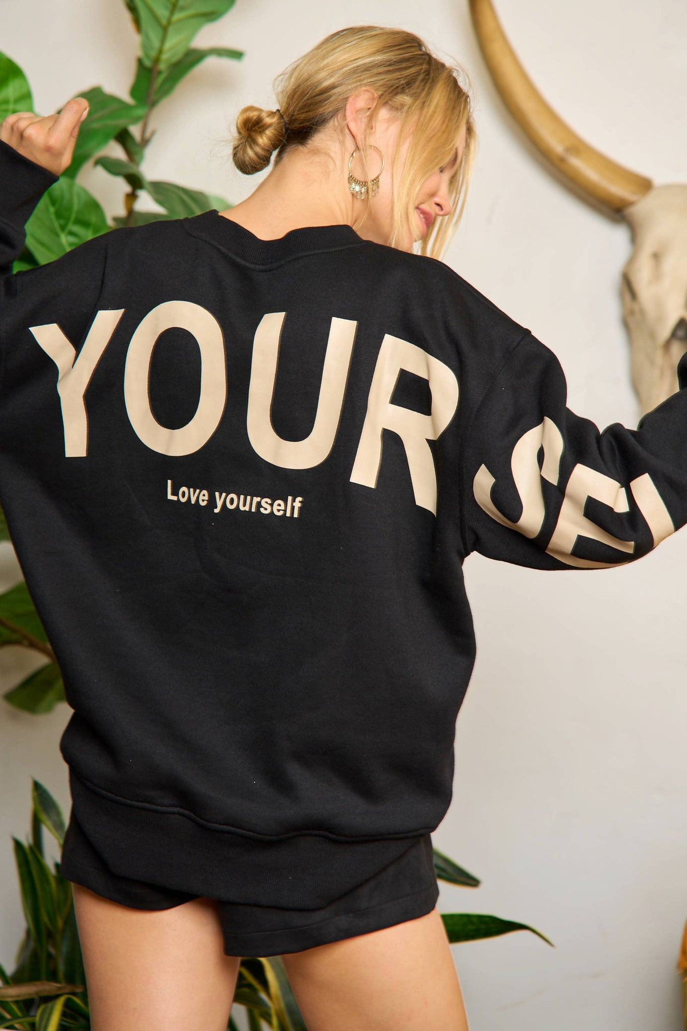 Be Yourself Love Yourself Printed Oversized Sweatshirt: BLACK