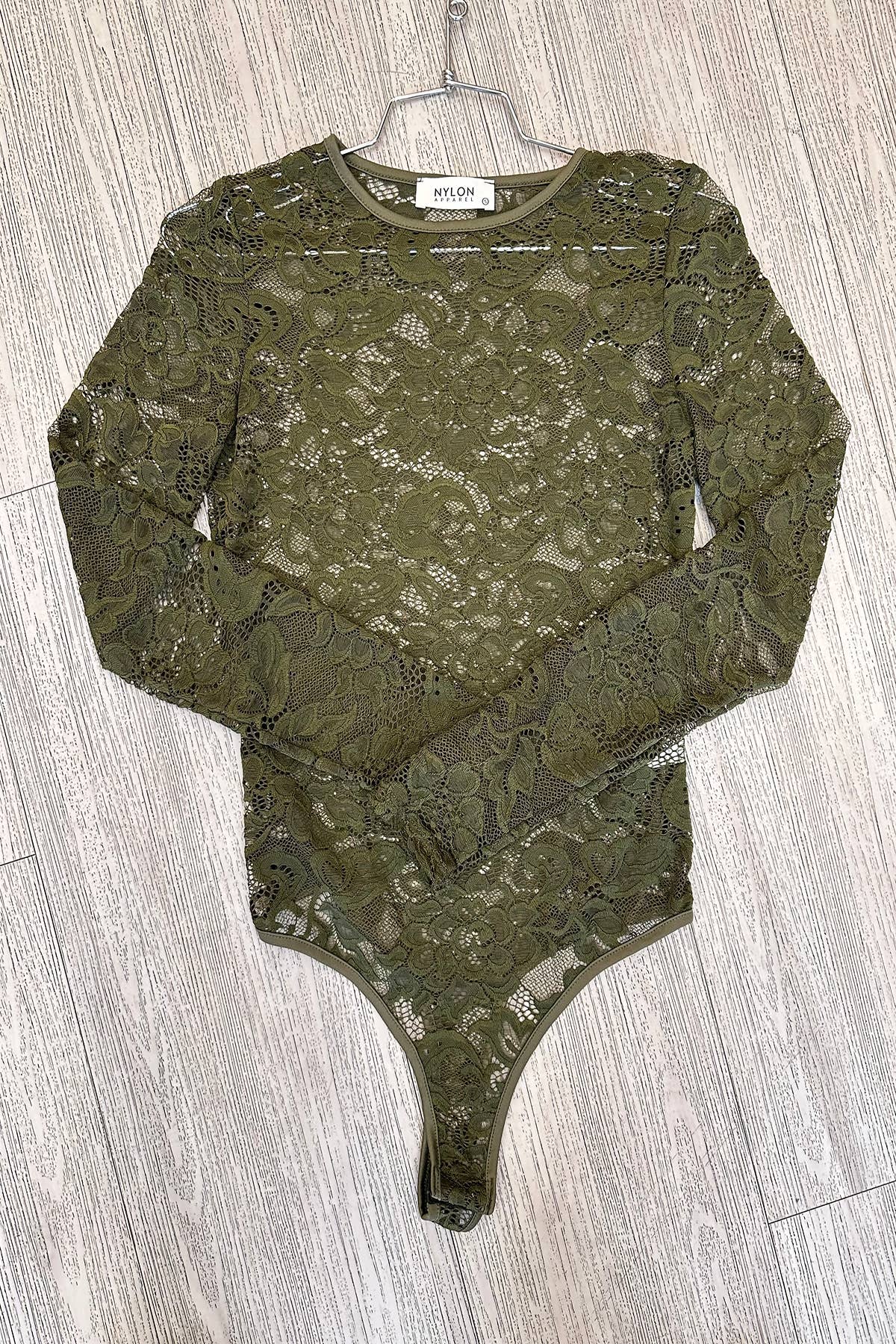 T1320-Lace Coquette Round Neck Bodysuit: Olive