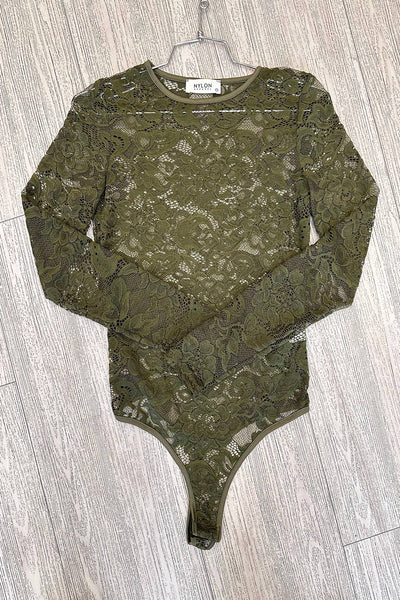 T1320-Lace Coquette Round Neck Bodysuit: Olive