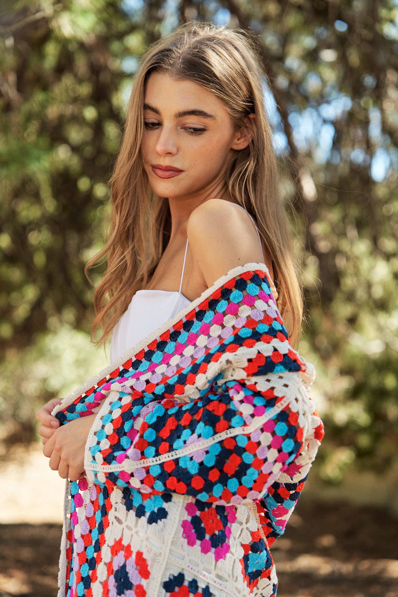 GRANNY SQUARE OPEN MIDI CROCHET KNIT CARDIGAN: ONE / White Multi