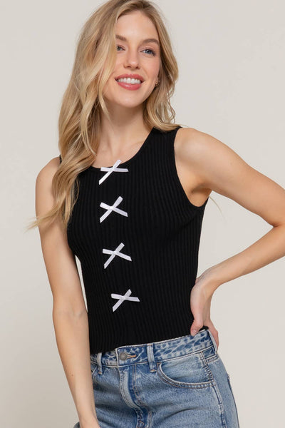 Sleeveless Crew Neck with Front Ribbon Spring Sweater