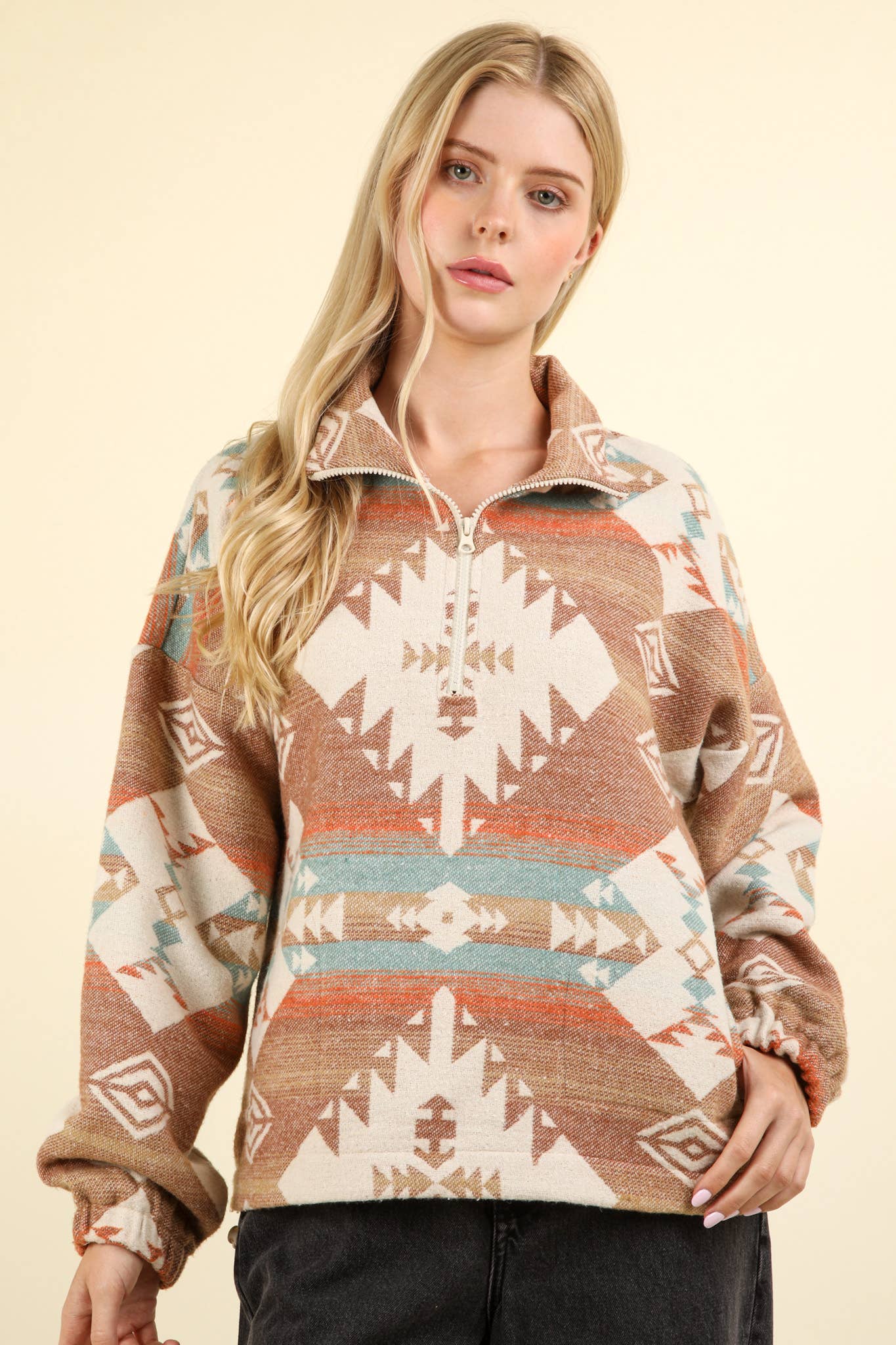 NT11854-Aztec Printed Henley Woven Pullover Top: CREAM MIX