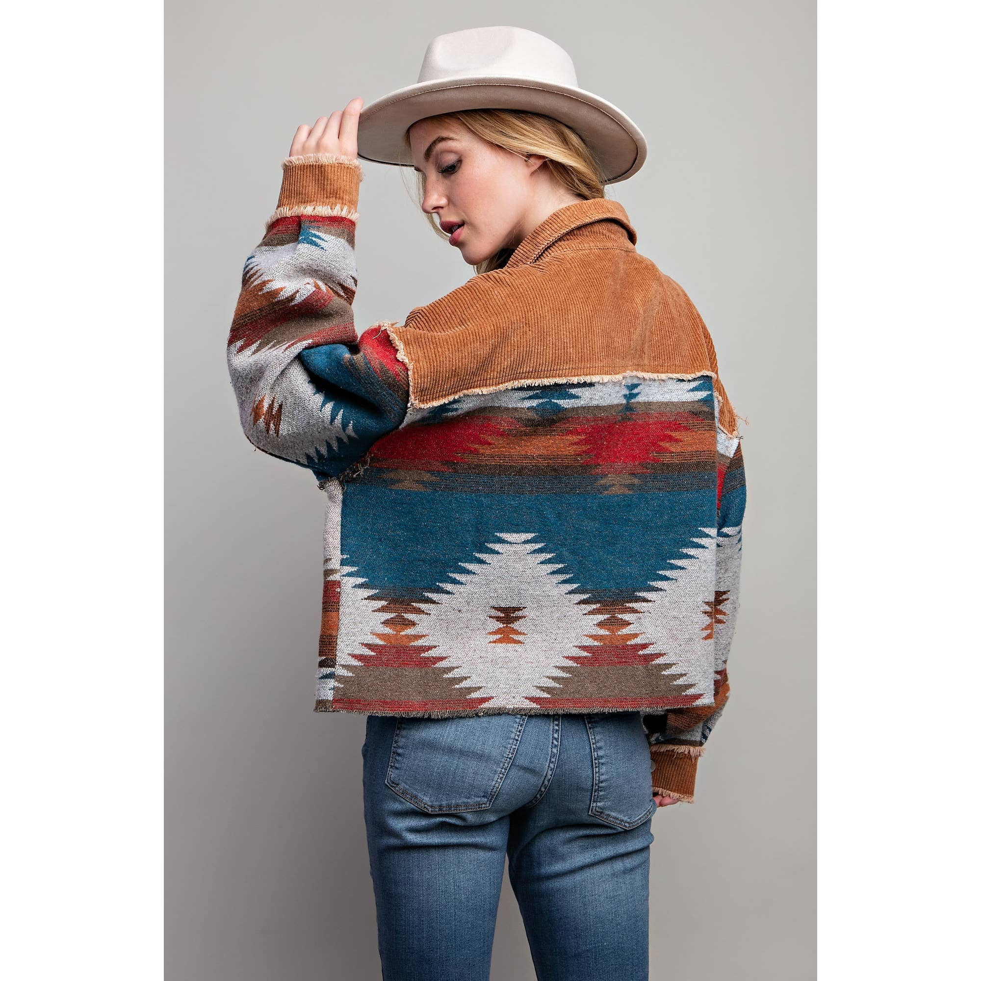 TRIBAL AZTEC PATTERN COLORBLOCK BUTTON DOWN SHIRT JACKET:
