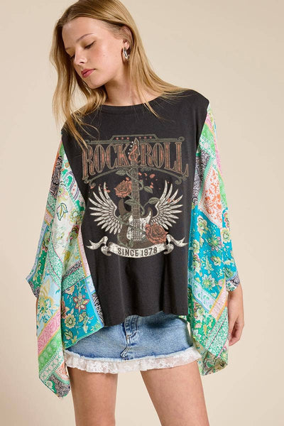 Rock N Roll Vintage Graphic Rustic Contrast Poncho Top