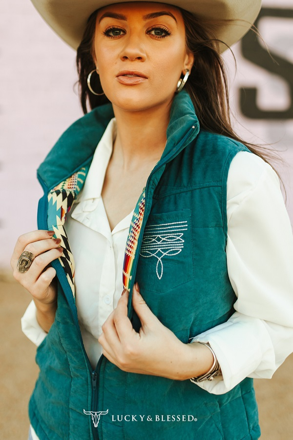 Teal Puffer W Aztec Lining Boot Stitch Detail Vest