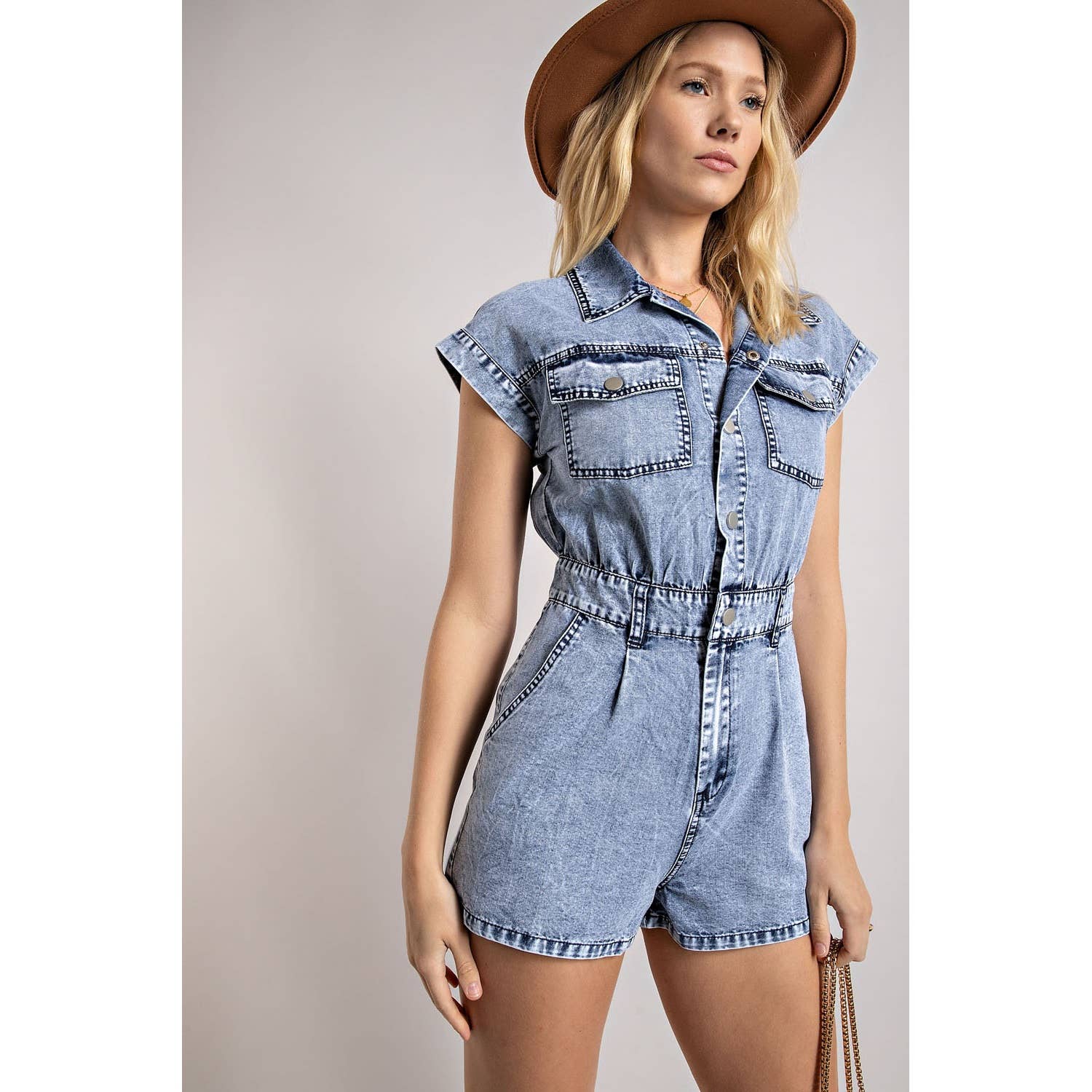 Denim Collared Button Down Romper
