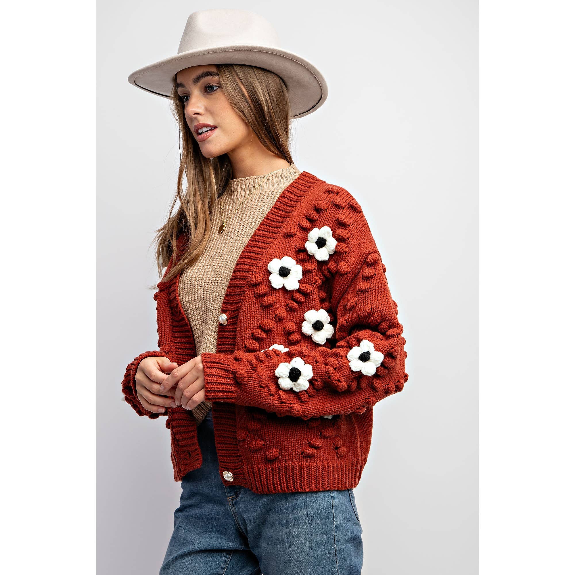 3D FLOWER KNITTING CARDIGAN: Brick