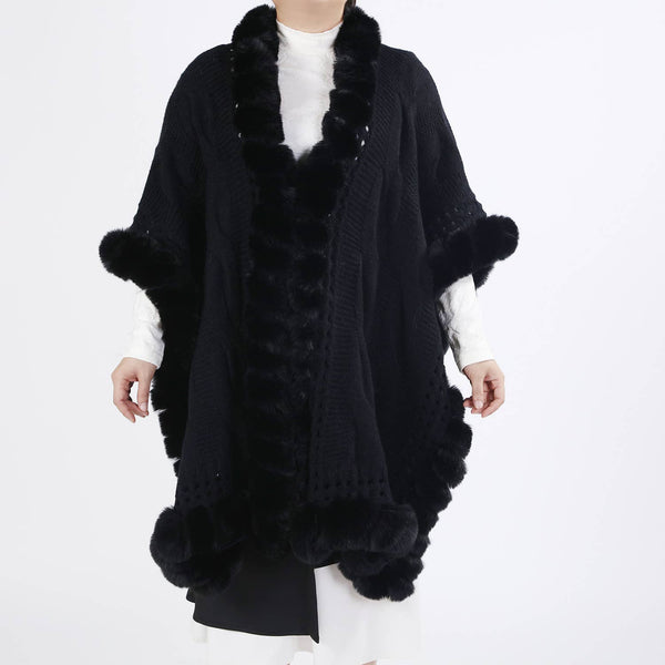 Luxurious Knitted Faux Fur Trim Cape
