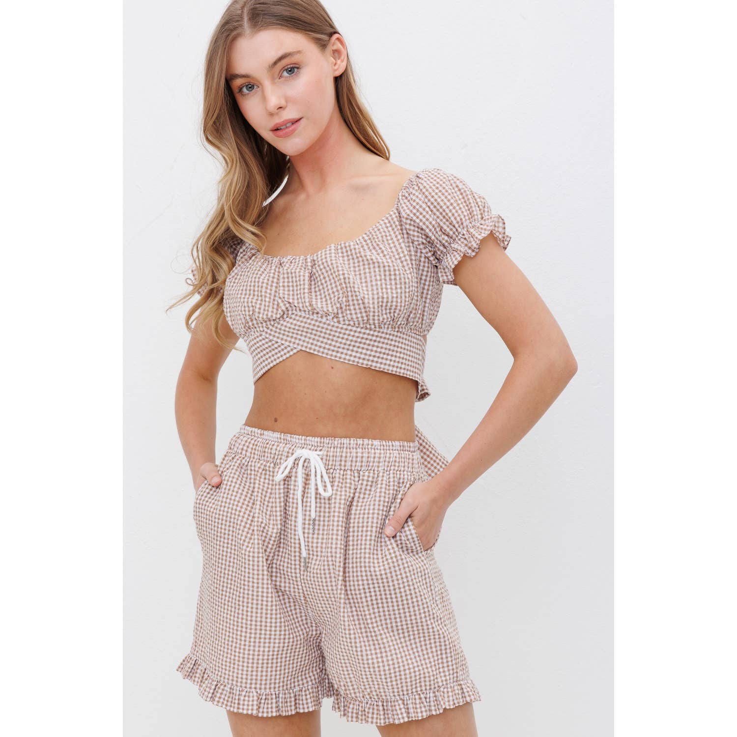 OFF SHOULDER PLEATED CROP TOP WITH BACK RIBBON TIE