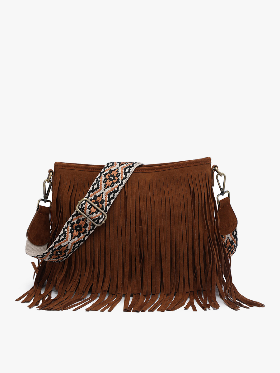 M2045 Sadie Suede Fringe Crossbody w/ Guitar Strap: Brown