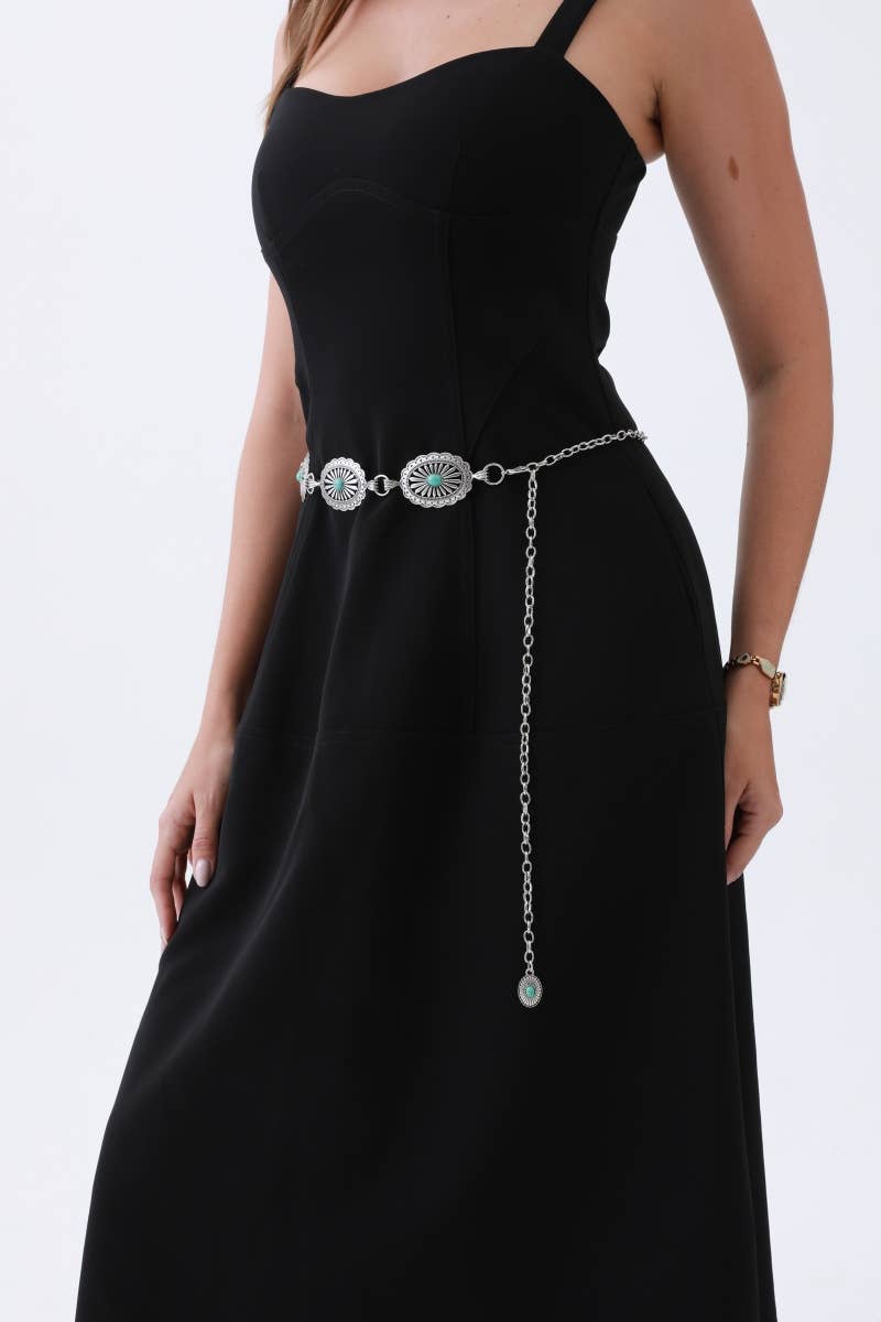 Vintage Turquoise Chain Belt – Classic Western Elegance: Silver