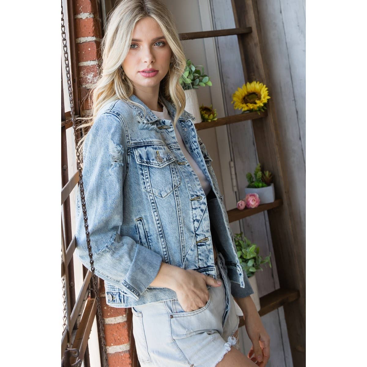 Cropped Denim Jacket with Asymmetric Seam: Med Wash