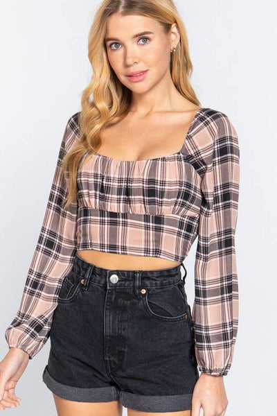 Long Sleeve Sweetheart Neck Plaid Print Woven Crop Top: Pnk-Mauve