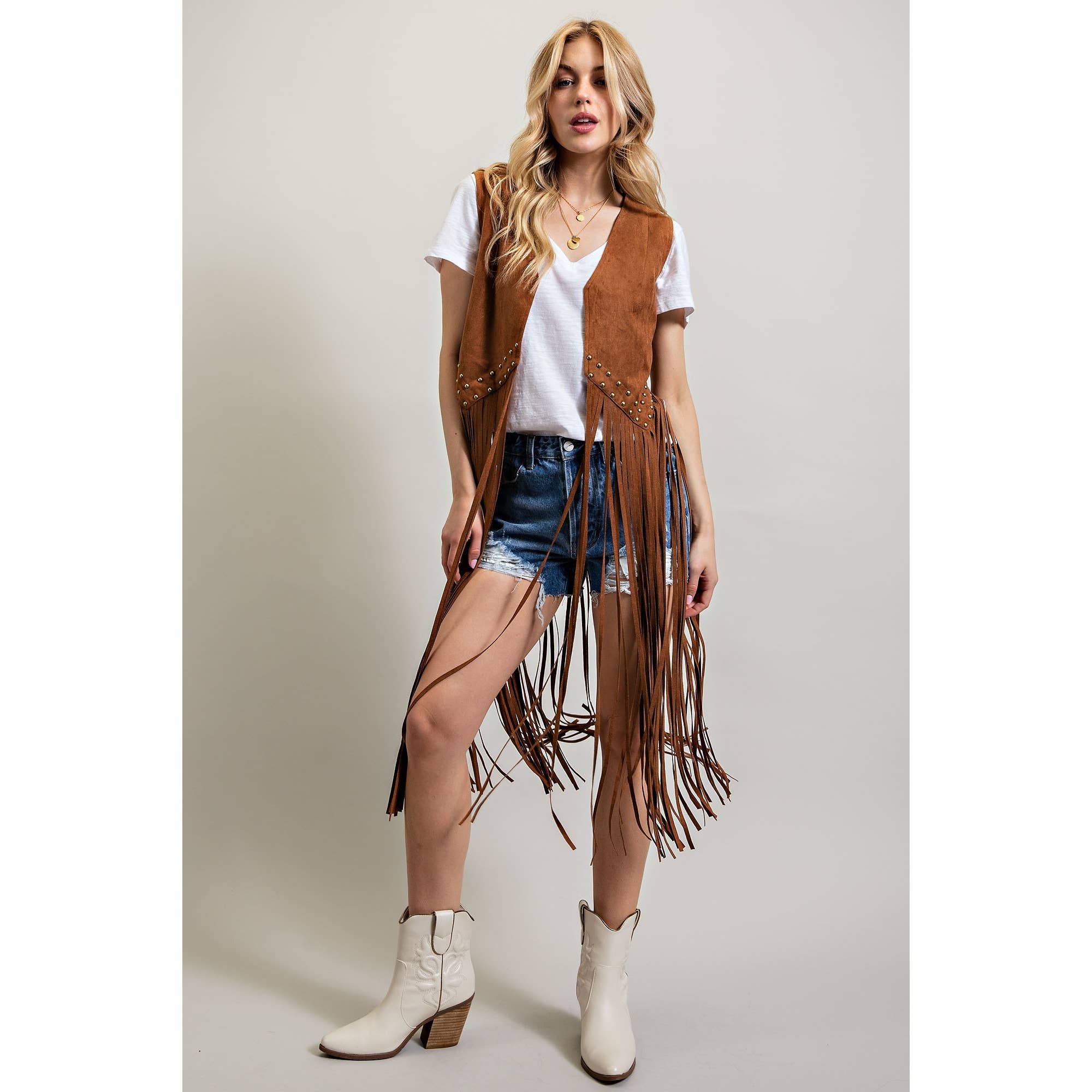 SUEDE STUDDED DETAIL FRINGE HEM VEST