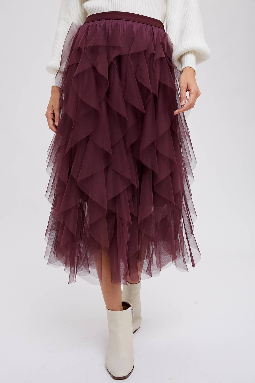 SPRIAL RUFFLED TULLE MIDI SKIRT