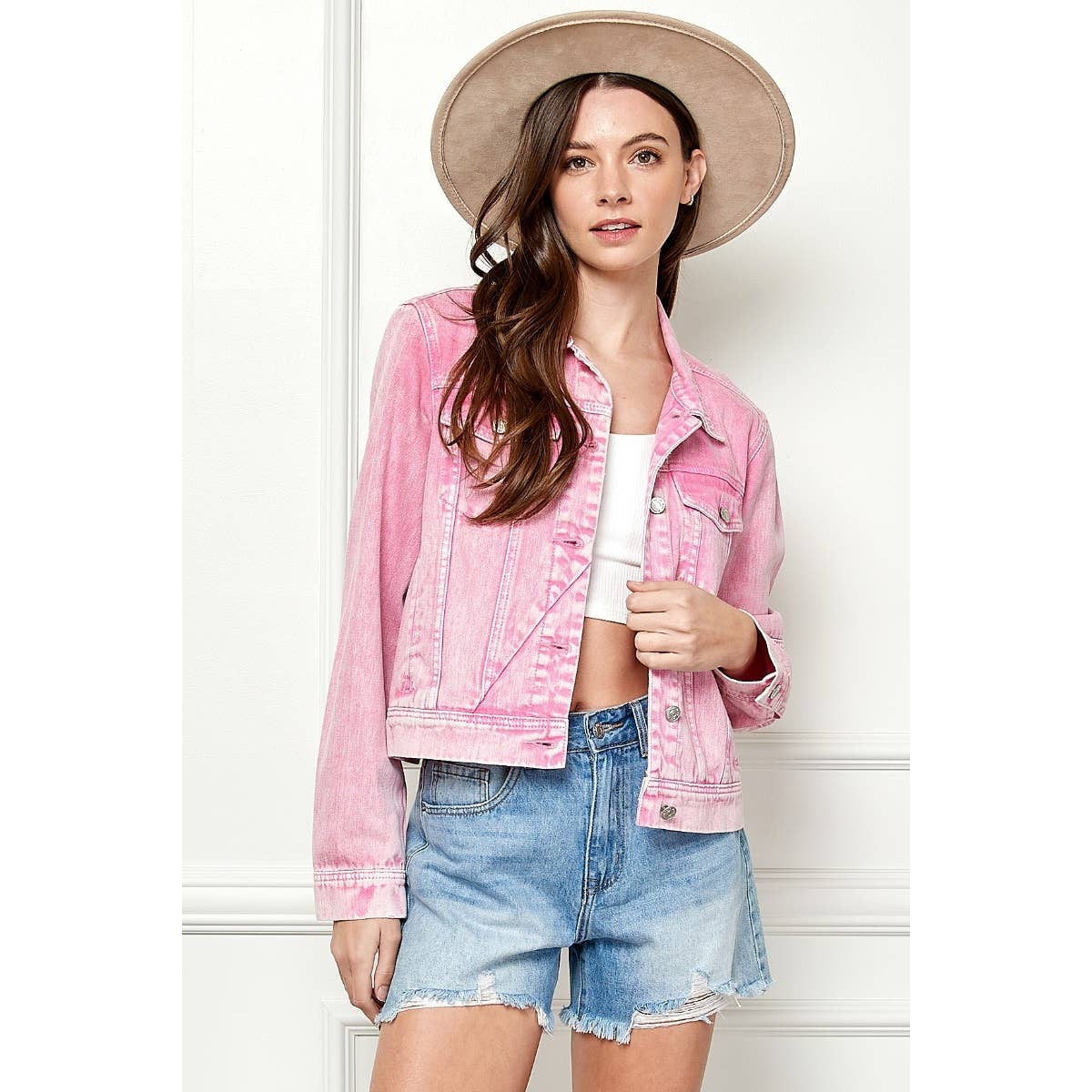 Cropped Denim Jacket with Asymmetric Seam: Pink