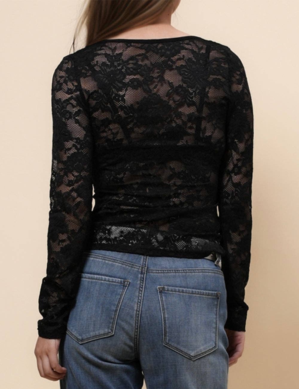 Ladies V-Neck Floral Lace See Sheer Layering Top Pullover