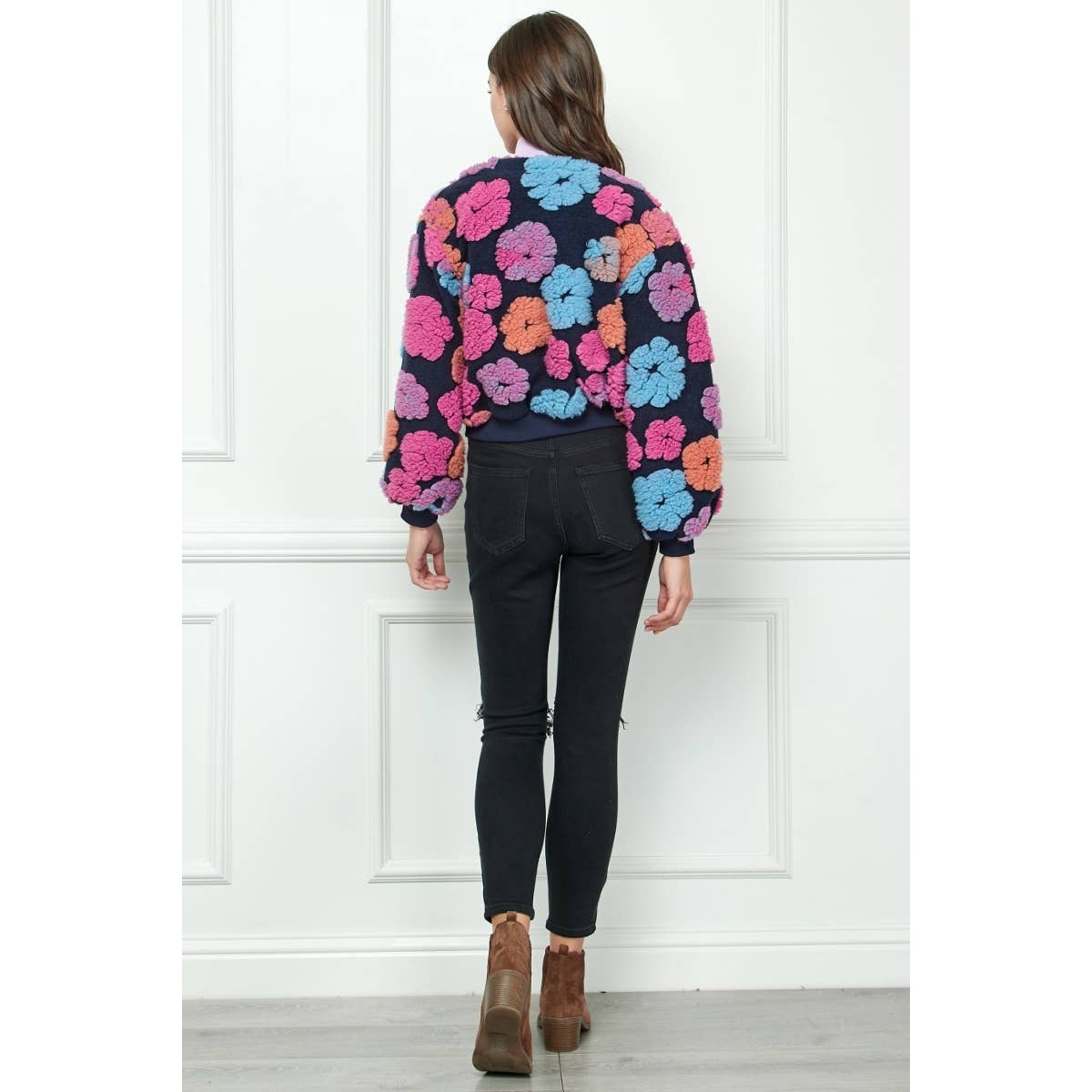 Felted Flower Puff Sleeve Button Jacket: Pink