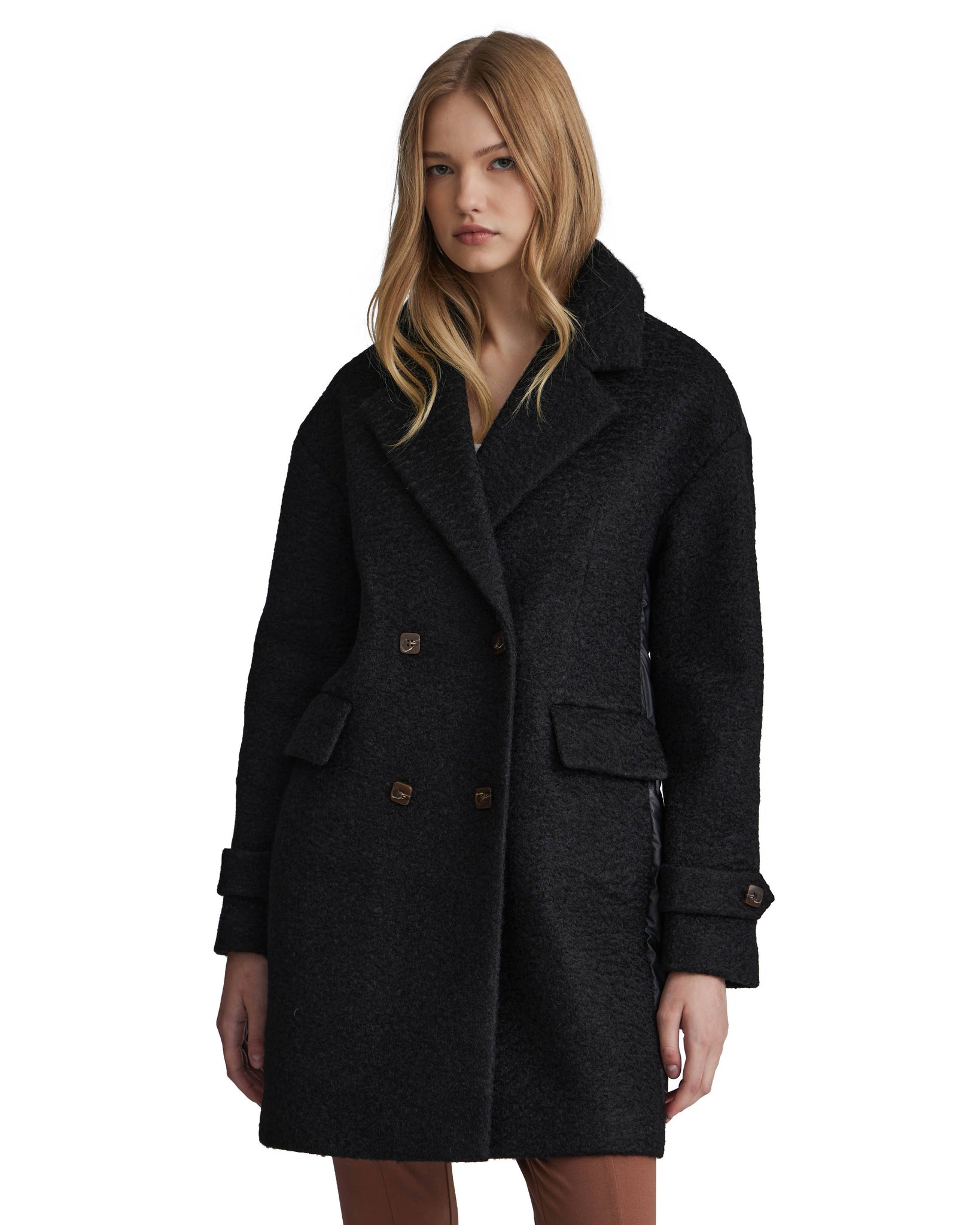 Y4715NVL - BOUCLE MIXED MEDIA PUFFER COAT: Black