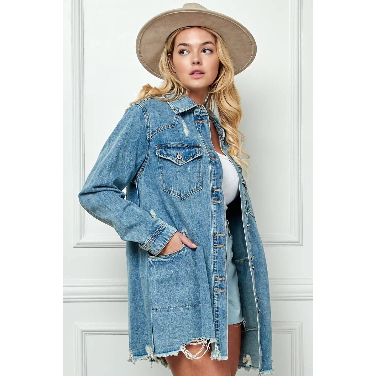 Plus Size Medium Washed Denim Shirts Jacket: Med Wash