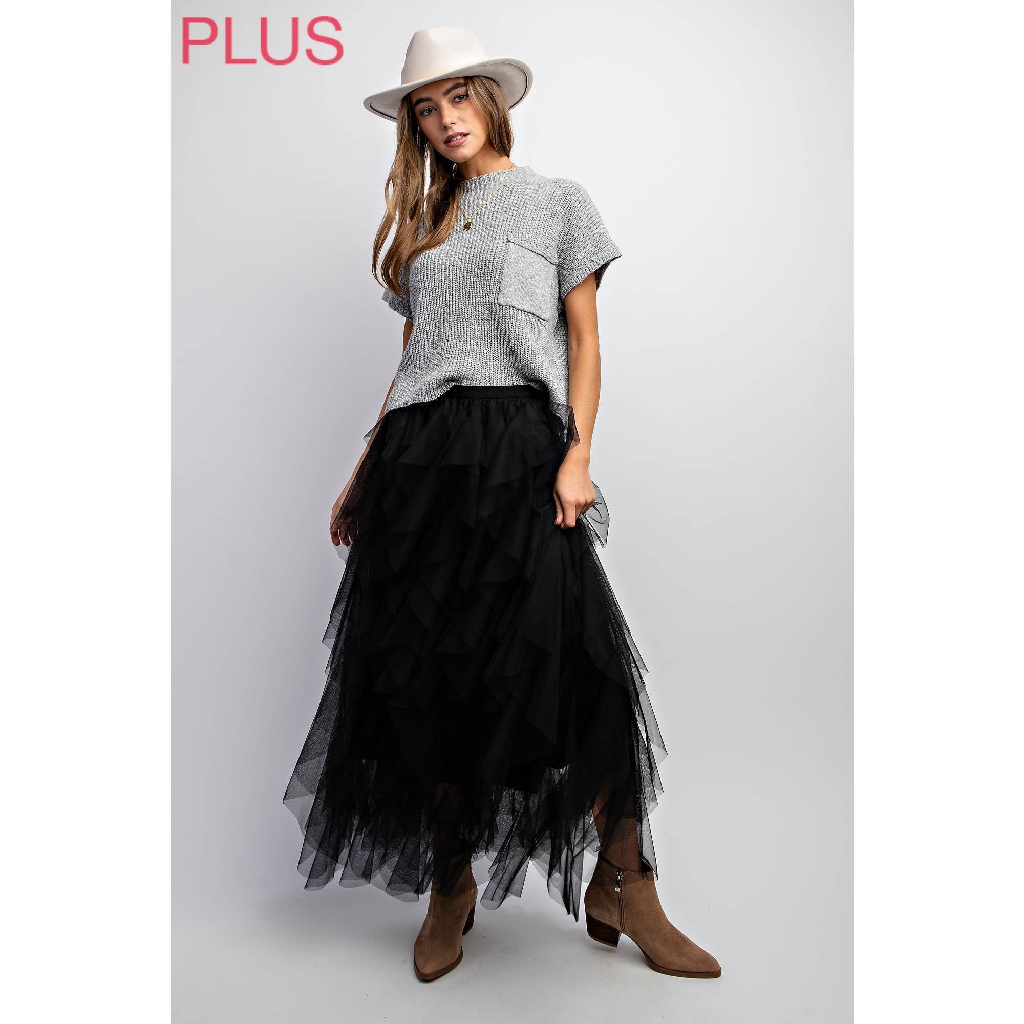 PLUS CASCADING TULLE MESH LAYERED MAX SKIRT: Black