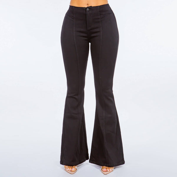 HIGH WAIST PULL ON FLARE JEANS-RJB20652: LARGE / BLACK