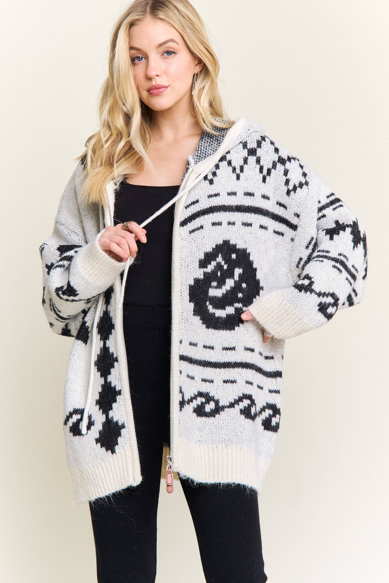 CESW4139-ZIP-UP AZTEC HOODED KNIT CARDIGAN:ONESIZE