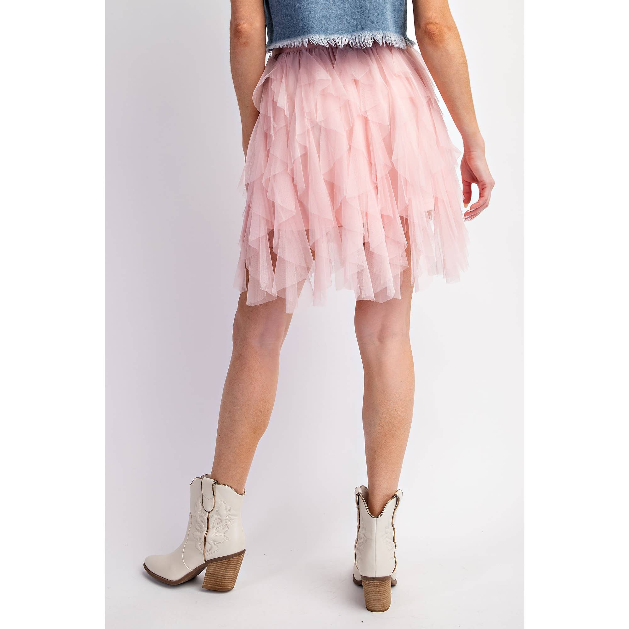 CASCADING TULLE MESH LAYERED MINI SKIRT: