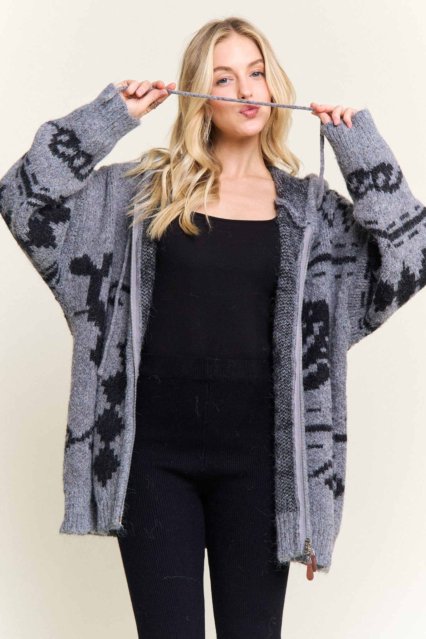 CESW4139-ZIP-UP AZTEC HOODED KNIT CARDIGAN:ONESIZE