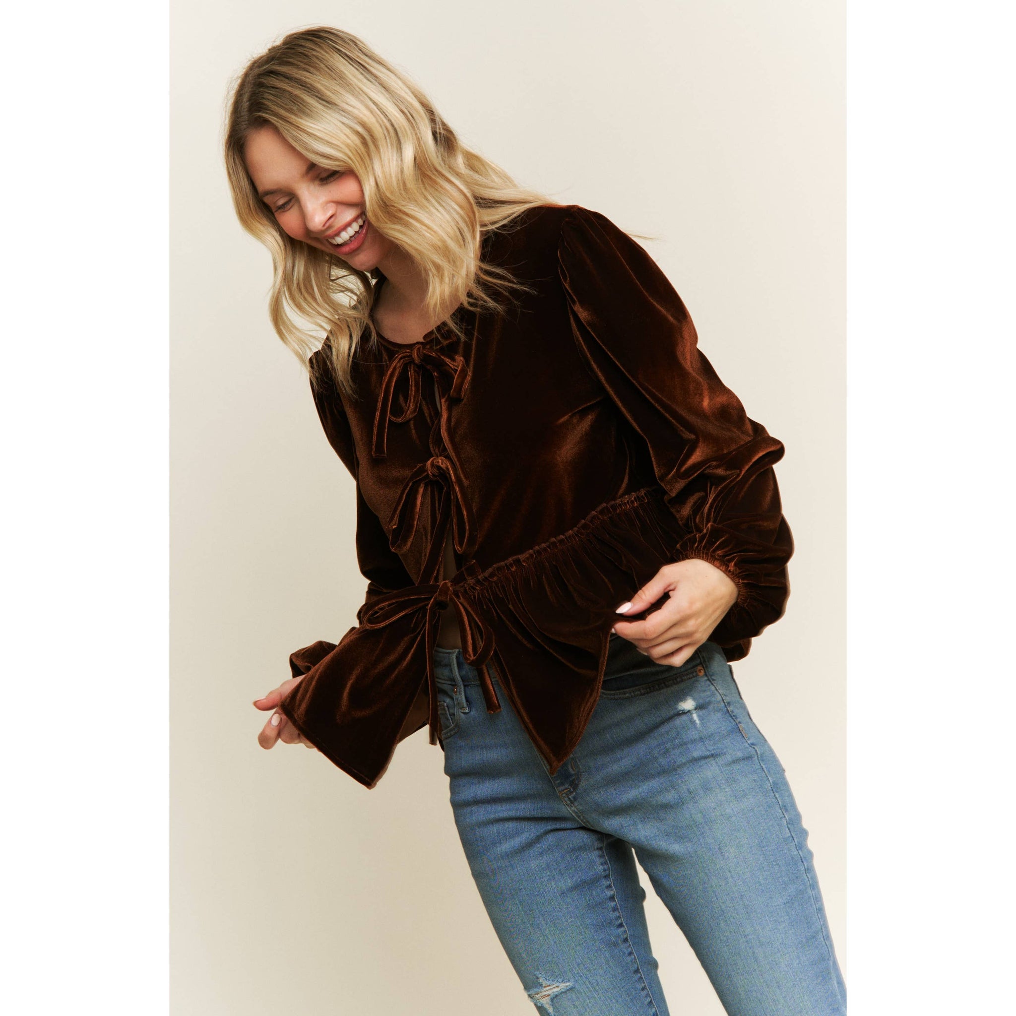 VELVET OPEN FRONT BABYDOLL LONG SLEEVE BLOUSE WITH BOW DETAIL