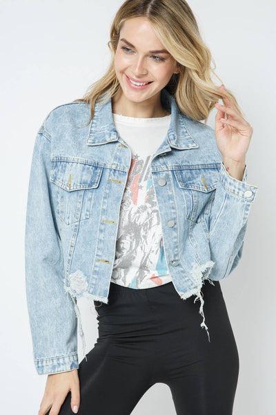 12752J - RIPPED DENIM CROP JACKET: LIGHT BLUE