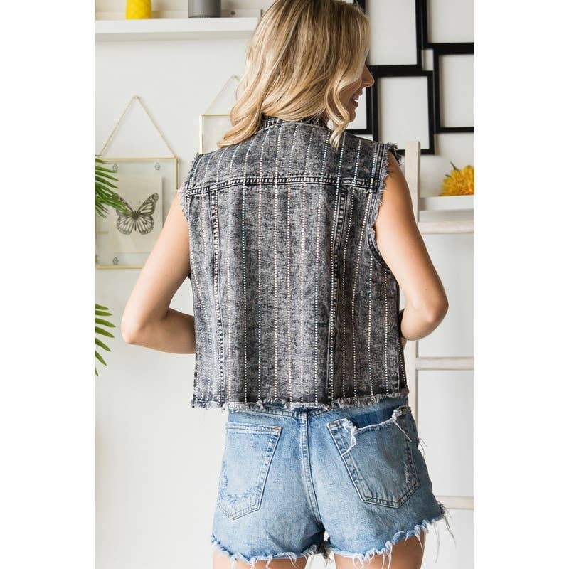 Rhinestone Color Denim Vest: Black Wash