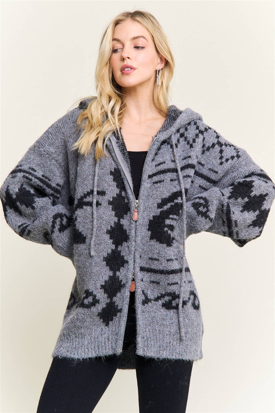 CESW4139-ZIP-UP AZTEC HOODED KNIT CARDIGAN:ONESIZE