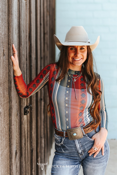 Red Blue Aztec Printed Long Sleeve Mesh Top
