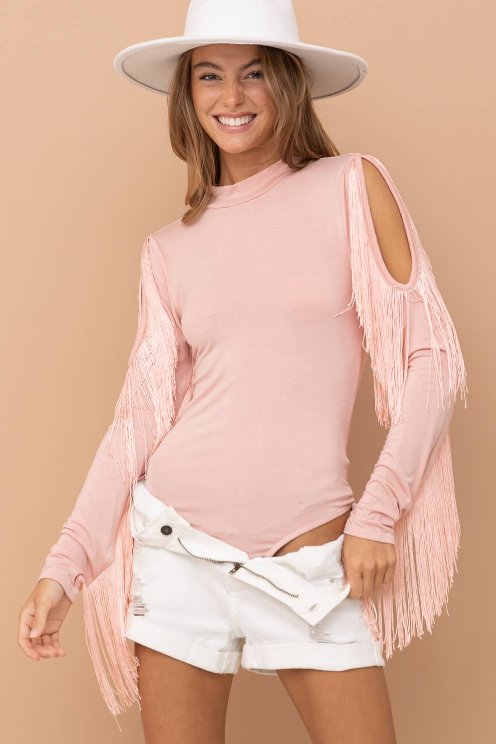 32406T - Rayon Jersey Mock Neck Shoulder Fringe Bodysuit: BLUSH