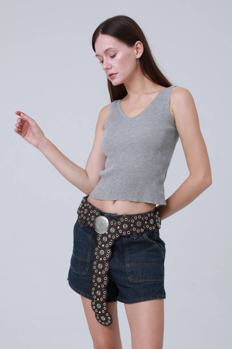 Boho Western Belt – Round Patch & Studded Detail: Brown