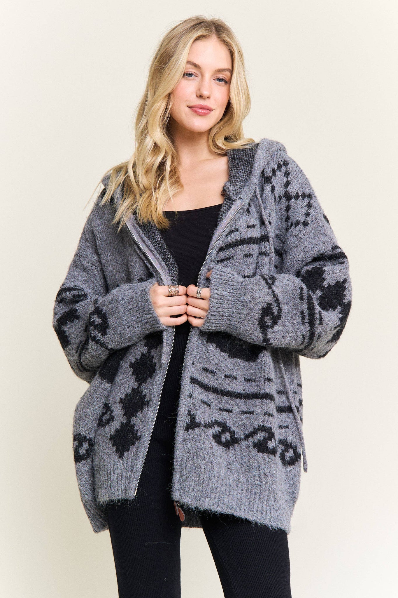 CESW4139-ZIP-UP AZTEC HOODED KNIT CARDIGAN:ONESIZE