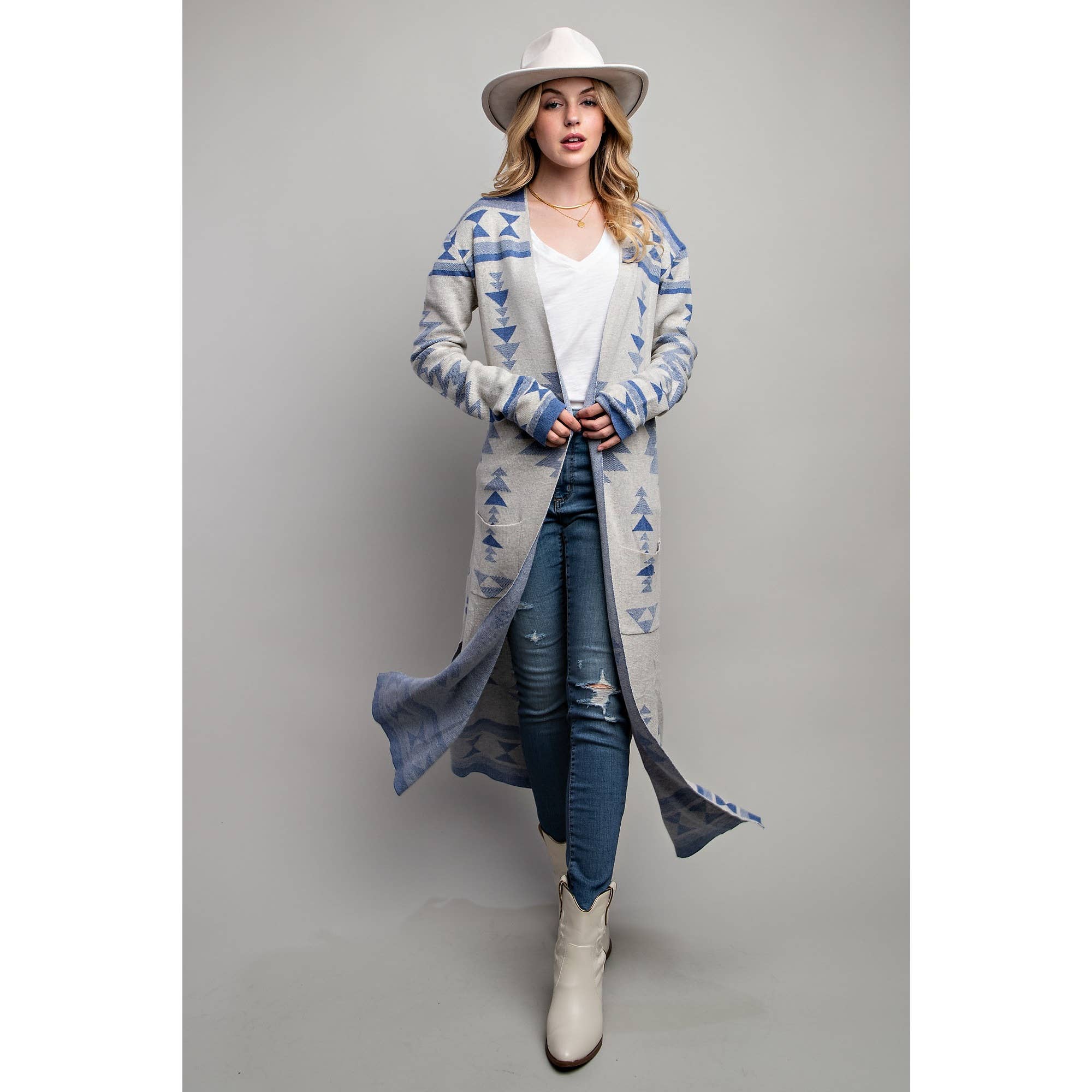 AZTEC PATTERN LONG CARDIGAN: Blue Multi