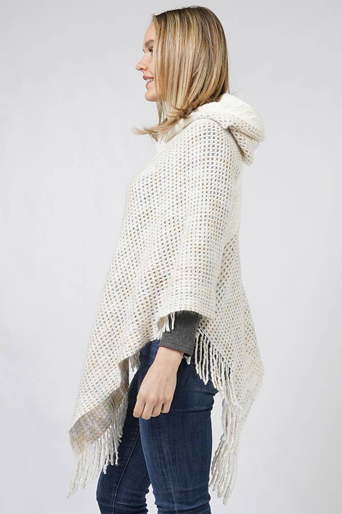 Multi Color Knit Hooded Poncho: Ivory