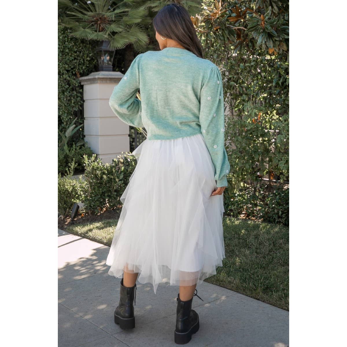 CASCADE TULLE MIDI SKIRT_78S1019: White