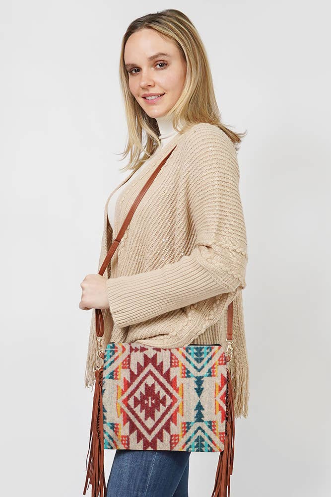 Aztec Pattern Tassel Crossbody Bag: Burgundy